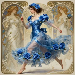 woman dressed in a vaporous wrapped large  victorian blue roses silk semi-transparent dress fashion is running  D&D, fantasy, intricate, elegant, highly detailed, digital painting, artstation, concept art, matte, sharp focus, illustration, art by Artgerm and Greg Rutkowski and Alphonse Mucha