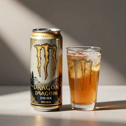aluminium can of a dragon-flavored energy drink standing next to a glass filled with a dragon-flavored energy drink, professional studio photography, packshot