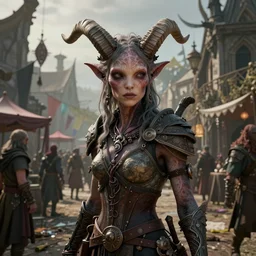 by oka yasutomo and anna dittmann, visually stunning, cinematic, ultra realistic, hyper realism, 1 2 k, epic, octane render, unreal engine, vfx, maya, a dungeons & dragons town square in a festival day, realistic alien medium shot portrait with horns, bizarre compositions, exquisite detail, extremely moody lighting, a thread knot girl