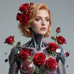 portrait of christina hendricks with roses, cyberpunk cyborg. roses, sci - fi, intricate abstract upper body intricate artwork, by tooth wu, wlop, beeple, dan mumford. concept art, octane render, deviantart, greg rutkowski, cinematic arthouse, key art, hyper realism, iridescent accents