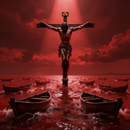 anti - christ rising from a red ocean with boats. ominous. vivid color detailed photograph from big budget blockbuster vfx horror movie.