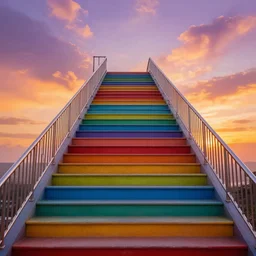 A rainbow stairwell going to the sky, digital art, sunset, extremely detailed, beautiful, trending, award-winning, popular