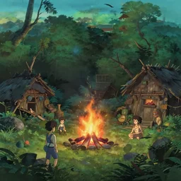 cannibal village in jungle with large central bonfire, serene evening atmosphere, soft lens, soft light, cel - shading, animation, in the style of cgsociety, deviantart, artstation, zbrush, cinema 4 d, studio ghibli, akihiko yoshida, atelier lulua, masamune shirow