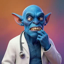 a highly detailed painted 3 d model of a blue wrinkled goblin doctor with a toothache : 1 | centered, colorful, matte background : 0. 9 | by james gurney : 1. 2 | unreal engine, deviantart, artstation, octane, finalrender, zbrush, keyshot, concept art, hd, 8 k resolution : 0. 8