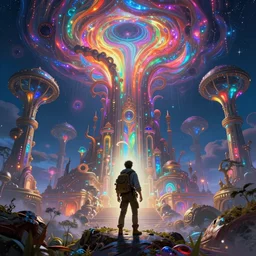 a futuristic human adventurer discovering an alien temple of unimaginable beauty and prismatic rainbow colors, overgrowing with glowing neon life hallucinogenic black holes in the sky by richard michael gorman powers by paul lehr by thomas kinkade