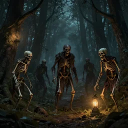dangerous skeletons and zombies in a forest at night lit by gloomy lanterns, dnd, concept art, fantasy art, 4 k, artstation
