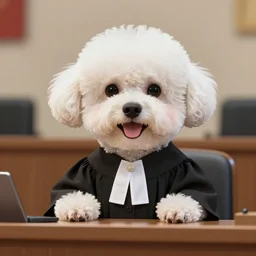 a closeup photorealistic photograph of a cute smiling white bichon frise judge wearing a black gown while addressing the courthouse. this 4 k hd image is trending on artstation, featured on behance, well - rendered, extra crisp, features intricate detail, epic composition and the style of unreal engine.