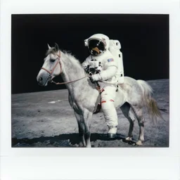 horse wearing white spacesuit turned into astronaut, polaroid color vintage photoshoot on the moon, nasa realistic 8 k documentary