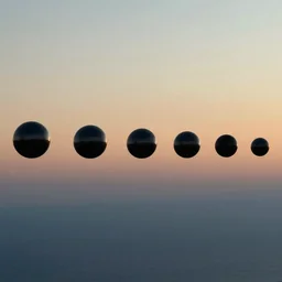 multiple spheres floating above the horizon, spread out horizontally from left to right, zdzislaw beksinski, jim burns, ivan aivazovsky
