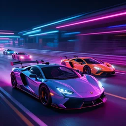 supercars racing in neon light, photorealistic