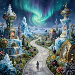 an epic elite masterpiece mysterious sci - fi matte painting of a winding path through arctic dream worlds with surreal structures inspired by heironymous bosch's garden of earthly delights, surreal ice landscapes by asher durand and cyril rolando and natalie shau and thomas kinkade, insanely detailed and intricate, elegant, northern lights, synthwave, ethereal spirits