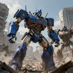 giant blue robot fight against another rust giant robot in the environment of destroyed city, render, ray tracing, jakub rozalski art style, dramatic, detailed, artstation,