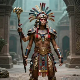 full shotphoto of a cyberpunk aztec warrior
