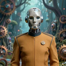 35mm portrait of a 7 of 9 borg with face implants on the background of a weird magical mechanical forest. Round gears visible inside her hear. Very detailed 8k. Fantasy cyberpunk horror. Sharp. Unreal 5 render with nanite, global illumination and path tracing. Cinematic post-processing