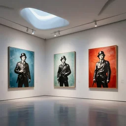 interior futuristic art gallery wide angle highly detailed by santiago calatrava, three wall hanging paintings famous pieces by banksy!, captivating 8 k hdr, octane render godrays hyperrealism