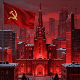 only with red, soviet communism city cold atmosphere and with soviet flag, in the style of beksinski, by edward hopper and rodcenko and yue minjun and cory loftis, intricate and epic composition, red by caravaggio, highly detailed, masterpiece, red light, artstation, art nouveau