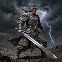 ancient ntricate oil drawings of a chinese anicientwarrior in clothes with a broadsword, down hard, dark cloud and lightning on the grounddramatic lighting, cg, whole body, extremely detailed, 8 k, sophisticated