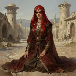 a full body portrait of a beautiful post apocalyptic offworld musicians district bedouin blind pulp fiction scarlet wild rogue barbarian leper begging by the roadside, intricate, elegant, highly detailed, digital painting, artstation, concept art, smooth, sharp focus, illustration, art by krenz cushart and artem demura and alphonse mucha