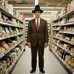 Man in a supermarket in the style of Magritte