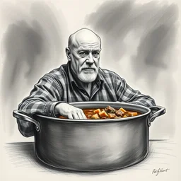 a charcoal drawing of patrick stewart sitting in a big pot of beef stew