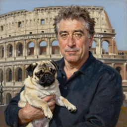 portrait of robert de niro holding her pug - puppy in rome ( italy ), rough oil painting, 1 9 7 1,