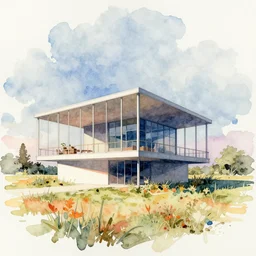 a colorful and extremely beautiful masterpiece watercolor architectural illustration of an isolated structure in an open field in the style of rez,