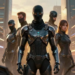 ninja cyborgs portrait in cybercity, golden hour, poster by michael whelan and gilbert williams and evgeny lushpin and artgerm and alena aenami, highly detailed