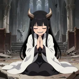 cute japanese girl with small horns, sharp and pointy vampire teeth, dressed in an old white coat, praying on the floor of a destroyed church, with her eyes and mouth closed and an evil smile, full body, detailed artwork by Yoji Shinkawa