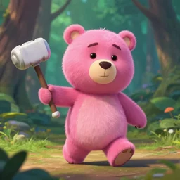 pink chocolate teddy bear walking in a forest in the croods movie style, holding a one handed white fighting hammer, anime, disney, pixar, 8 k, hd, dof, kodak film, volumetric lighting, subsurface scattering, photorealistic, octane render, details
