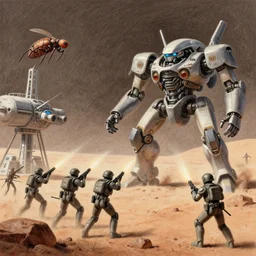 space soldiers shoot at giantic mecha alien insect on martian space stations, colored pencil, dull colors, highly detailed, deep aesthetic, highly ornate intricate details, cinematic lighting, rich colors, ray tracing, hyperrealistic, cinematic landscape, art by artgerm and mizutani shion, rizograph