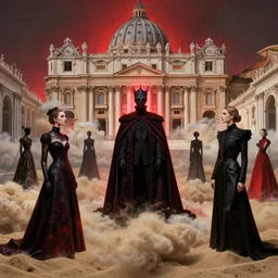 the king of dreams, sandman by neil gaiman, gowns by gareth pugh and alexander mcqueen, vatican in background, cloud of sand, dreaming, in the style of gottfried bel erin and mc escher, intricate composition, insanely quality, highly detailed, masterpiece, red light,