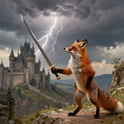 anthropomorphic fox!! who is a medieval knight holding a swo - rd to - wards a stor - my thun - dercloud [ 1 9 3 0 s film still ], ( fantasy castle in the background )