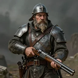 a character portrait of a ww 1 heavily armored dwarven soldier holding a double barreled shotgun in the style of high fantasy art trending on artstation deviantart pinterest detailed high resolution hd 8 k