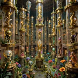 rustic yet enormous SCP (Secure, Contain, Protect) agency interior with infinite rows of giant iridescent alien artifacts suspended in cylindrical containers made of gold and quartz by Simon Stalenhag, Zdiszlaw Beksinski, with vivid palette by James Gurney, overgrown with alien plants and flowers, inspired by Control the game, mysterious, eeriewave, hyperdetailed, dramatic camera angle with focus on infinity, octane render 8k, 4k, HDR, rtx on