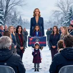 landscape of a political meeting of maci holloway first woman elected as president in usa, cold but beautiful, about 3 5 years old, highly detailed, mix of halle berry and julia roberts, gong li, olga kurylenko, artstation hd, deviantart, by artgem, greg rutkowski