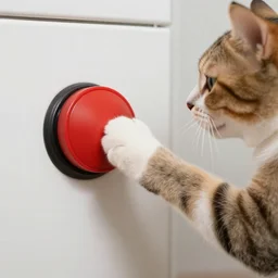 Photo of a cat putting its paw on a big red button