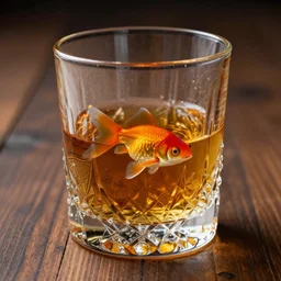 on a wooden floor there is a crystal glass filled with whiskey and a goldfish swimming inside, close up view, dramatic lighting, DOF, caustics, soft, sharp focus, art nouveau, steampunk, intricate artwork by Greg Rutkowski and Lucas Staniec