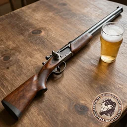 old west gun and beer at a table, top view, pro photo, logo, album