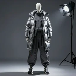 an elegant mannequin, dressed in an intricate futuristic outfit, baggy pants, puffy shiny coat, sneakers, in a studio setting, studio lighting, dramatic lighting, studio photography