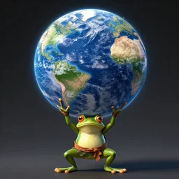 a frog warrior lifting and entire planet earth over its head