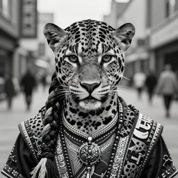 portrait of a young jaguar warrior, street pic, depth of field, zeiss lens, detailed, symmetrical, centered, fashion photoshoot, b & w, by annie leibovitz and frank miller, jim jarmusch, moebius, breathtaking, 8 k resolution, extremely detailed, beautiful, establishing shot, artistic, hyperrealistic, beautiful face, octane render
