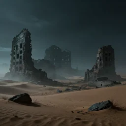 an apocalyptic ruins in a desert, midnight, foggy, eerie, scary, digital art