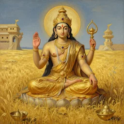 hindu god in golden meadow, detailed painting by rene magritte