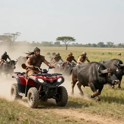 ancient tribe hunting buffalo herd, ancient atv, chase scene, dynamic shot,