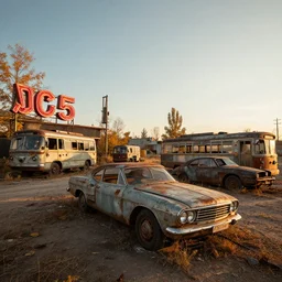 low wide angle shot of dilapidated fallout 5, desolate, dilapidated neon signs, few rusted retro futuristic vintage parked vehicles like cars, ( ( ( buses, trucks, trams ) ) ), volumetric lighting, photorealistic, sunny, early evening, golden hour, autumn, sharp focus, ultra detailed, 4 0 0 0 k