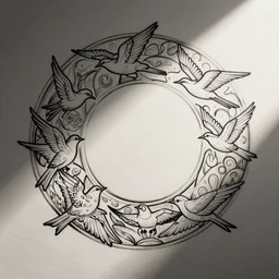 an art nouveau design of birds flying in a simple spiral, ink, line art