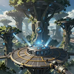 Megastructure arboreal trees, massive, Anime, Dystopian, Highly Detailed, Helipad, Special Forces Security, Blockchain Vault, Searchlights