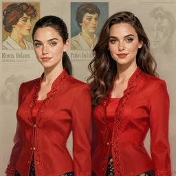 lindsey pelas and gal gadot wearing a red kebaya, digital painting, artstation, concept art, sharp focus, illustration, art by artgerm and greg rutkowski and alphonse mucha