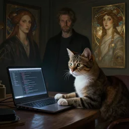 a cat programming on a laptop, dark room, carnip on a table, highly detailed, digital painting, artstation, concept art, wallpaper, smooth, sharp focus, illustration, art by giger and artgerm and greg rutkowski and alphonse mucha