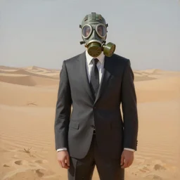 man in a suit and wearing a gas mask standing in a desert wasteland background, dreary, smooth, sharp focus, beautifully detailed, oil painting, trending on artstation, by alena aenami